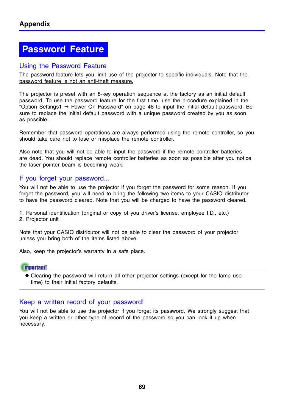 Password feature | Casio XJ-460 User Manual | Page 69 / 78