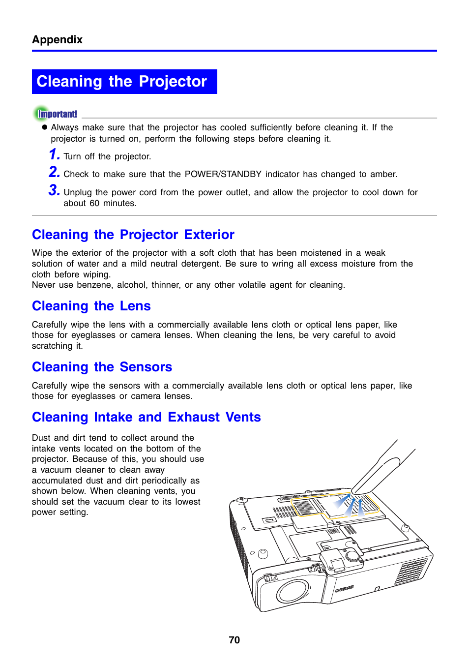 Cleaning the projector, Cleaning the projector exterior, Cleaning the lens | Cleaning the sensors, Cleaning intake and exhaust vents | Casio XJ-460 User Manual | Page 70 / 78