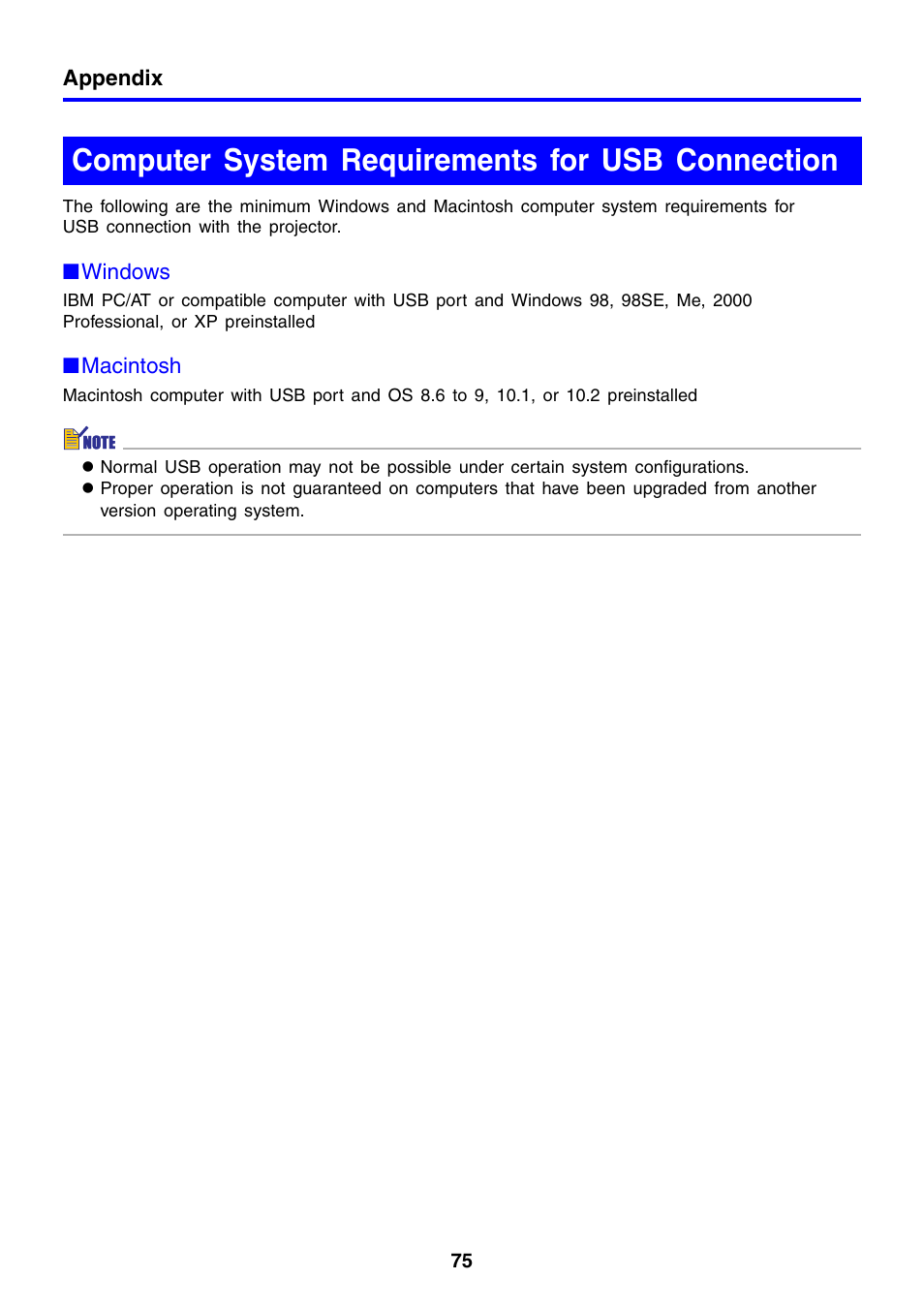 Computer system requirements for usb connection | Casio XJ-460 User Manual | Page 75 / 78