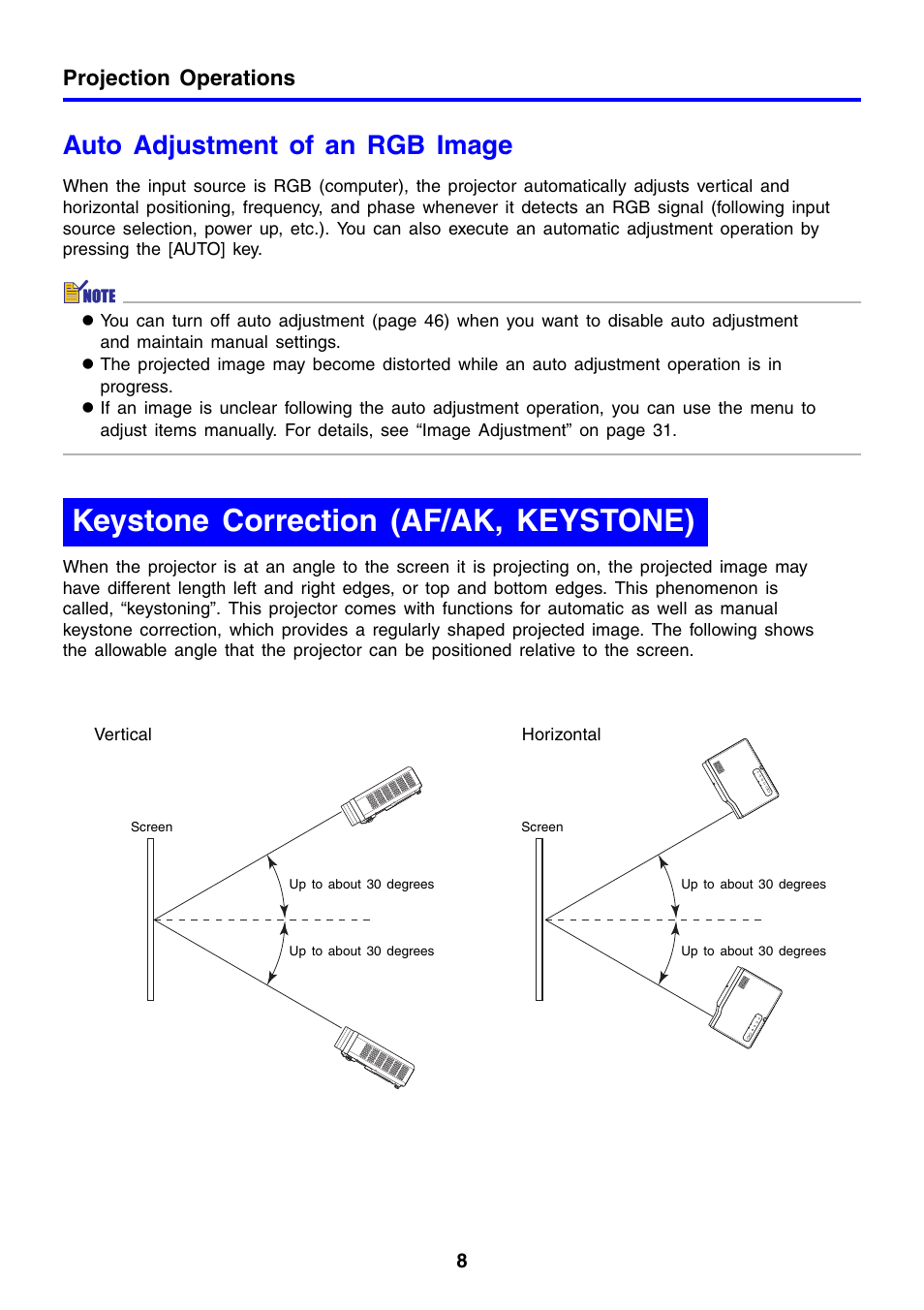 Keystone correction (af/ak, keystone), Auto adjustment of an rgb image, Projection operations | Casio XJ-460 User Manual | Page 8 / 78