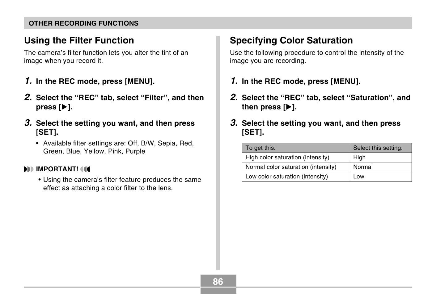 Using the filter function, Specifying color saturation | Casio EXILIM EX-Z4 User Manual | Page 22 / 27