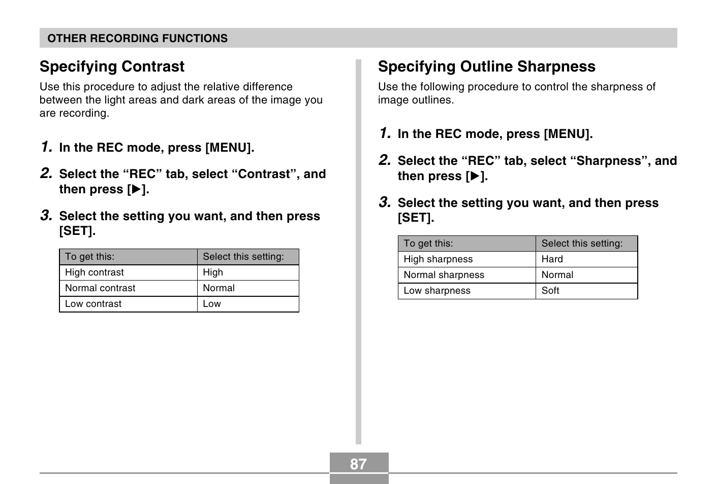 Specifying contrast, Specifying outline sharpness | Casio EXILIM EX-Z4 User Manual | Page 23 / 27