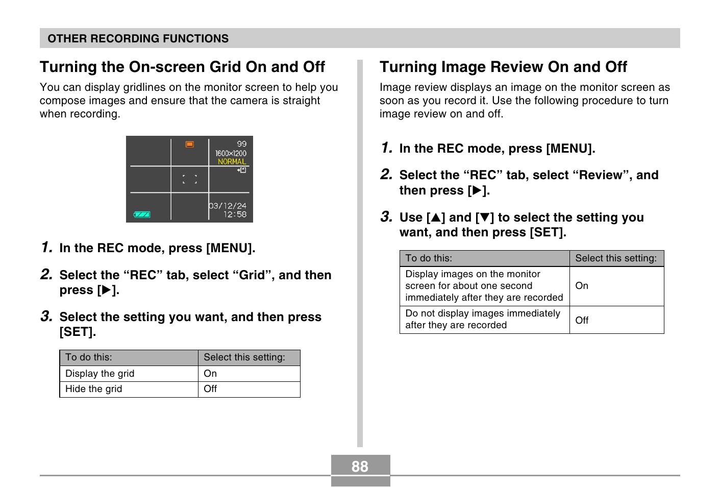 Turning the on-screen grid on and off, Turning image review on and off | Casio EXILIM EX-Z4 User Manual | Page 24 / 27