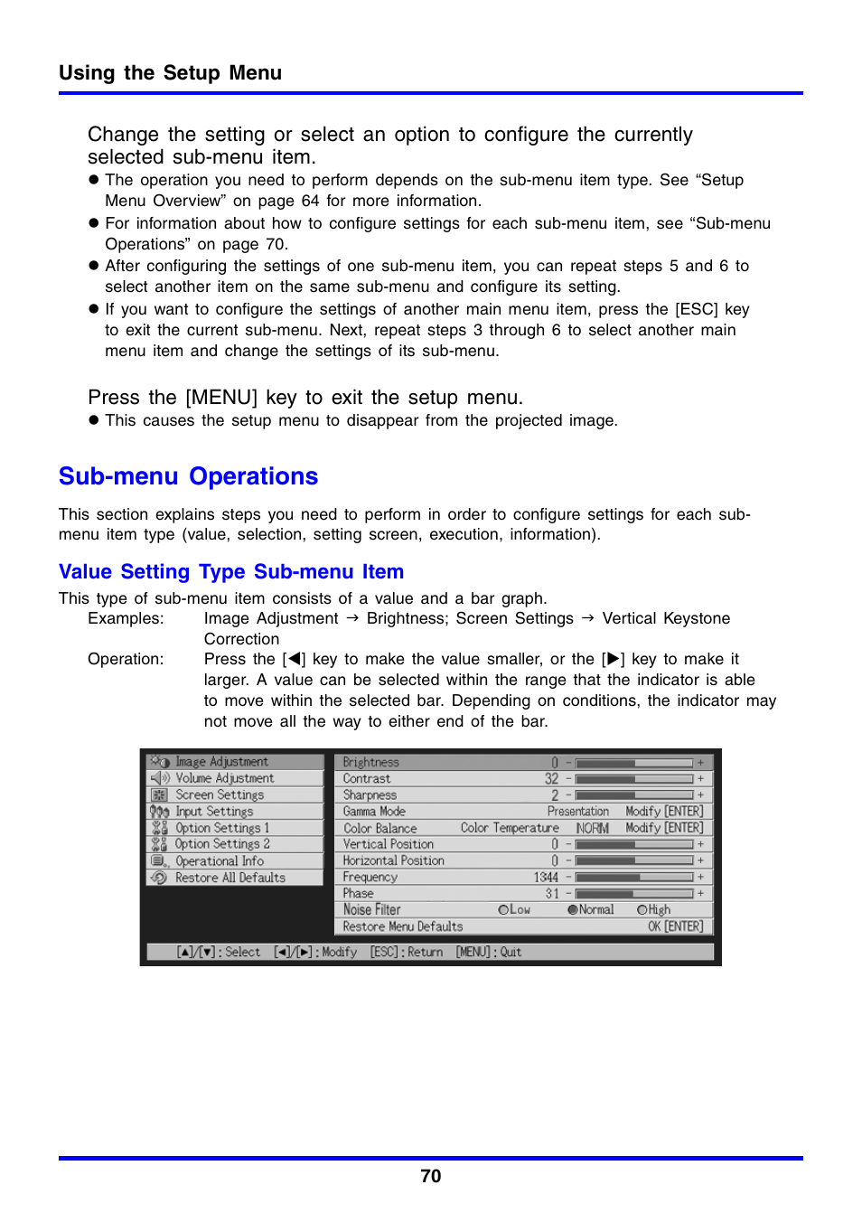 Sub-menu operations | Casio XJ-450 User Manual | Page 70 / 130