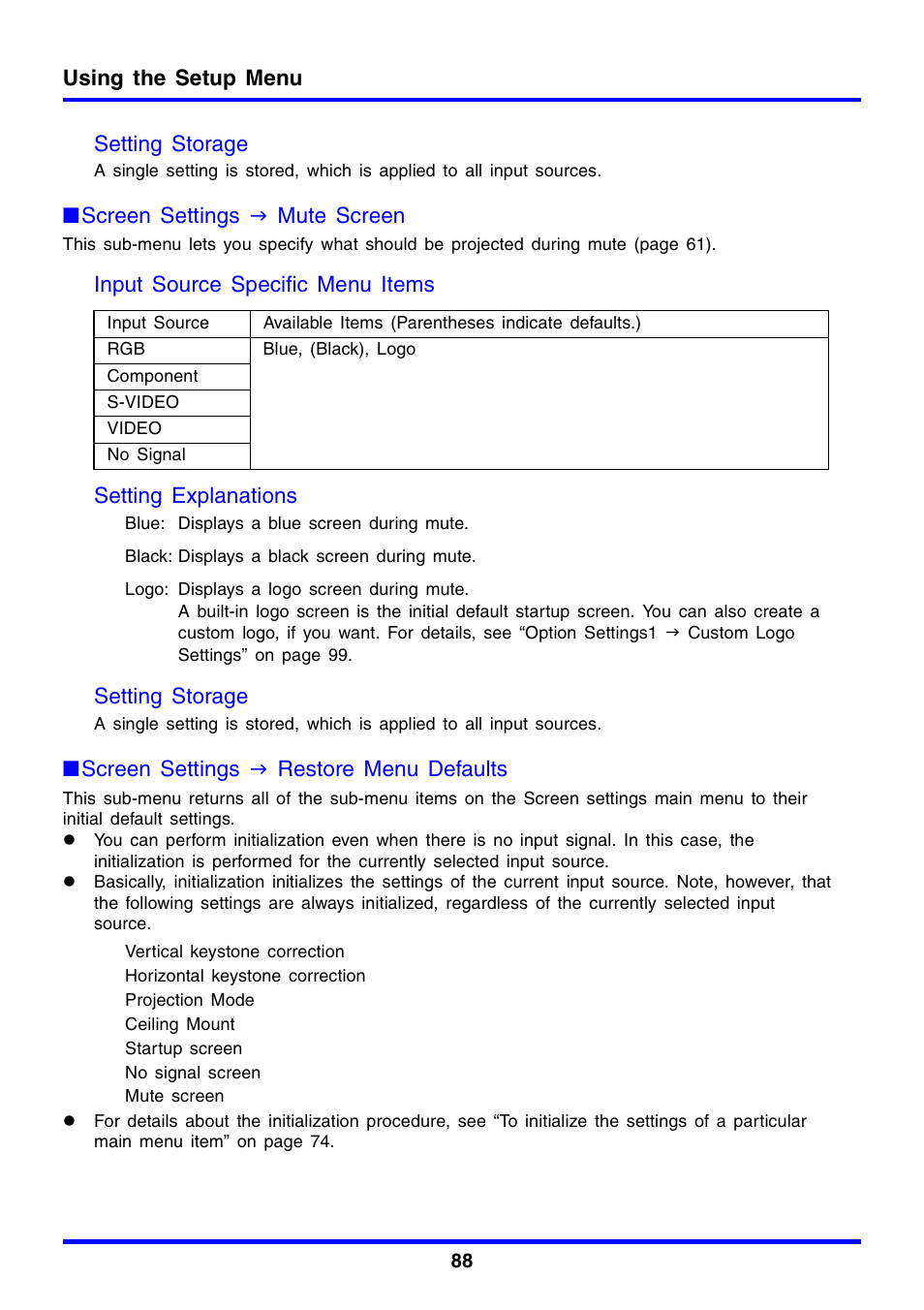 Using the setup menu setting storage, Screen settings j mute screen, Setting storage | Screen settings j restore menu defaults | Casio XJ-450 User Manual | Page 88 / 130