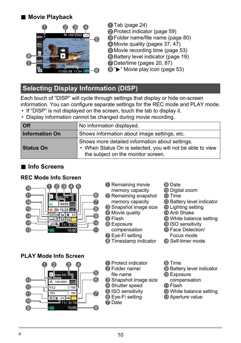 Selecting display information (disp) | Casio EX-ZS15 User Manual | Page 10 / 118