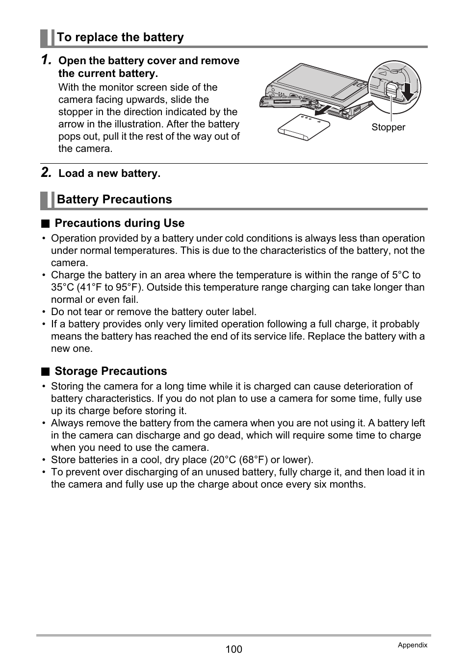 To replace the battery, Battery precautions | Casio EX-ZS15 User Manual | Page 100 / 118
