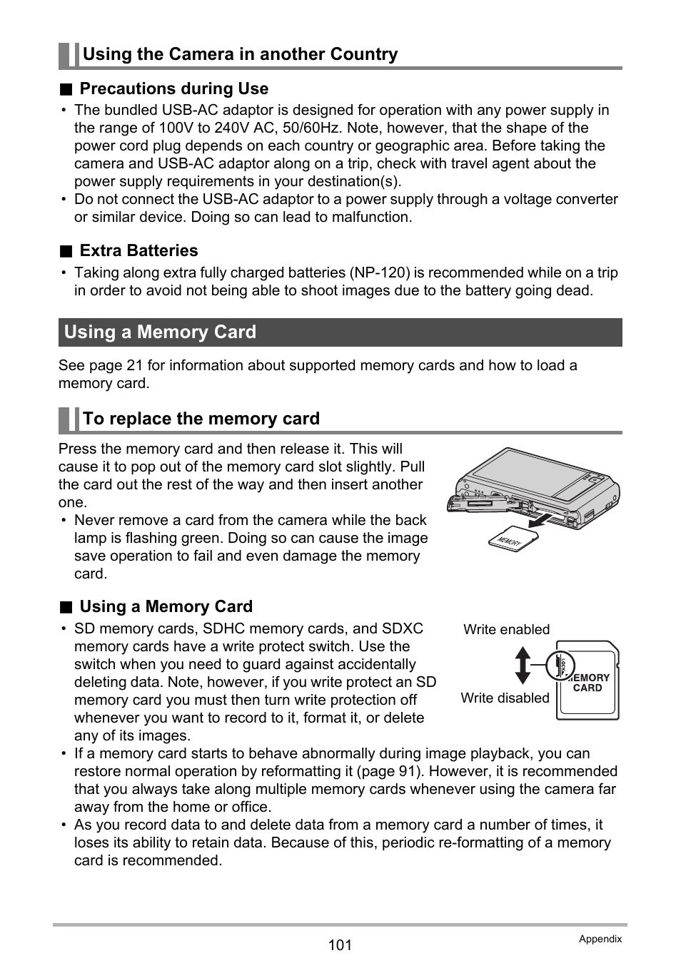 Using the camera in another country, Using a memory card, To replace the memory card | Casio EX-ZS15 User Manual | Page 101 / 118