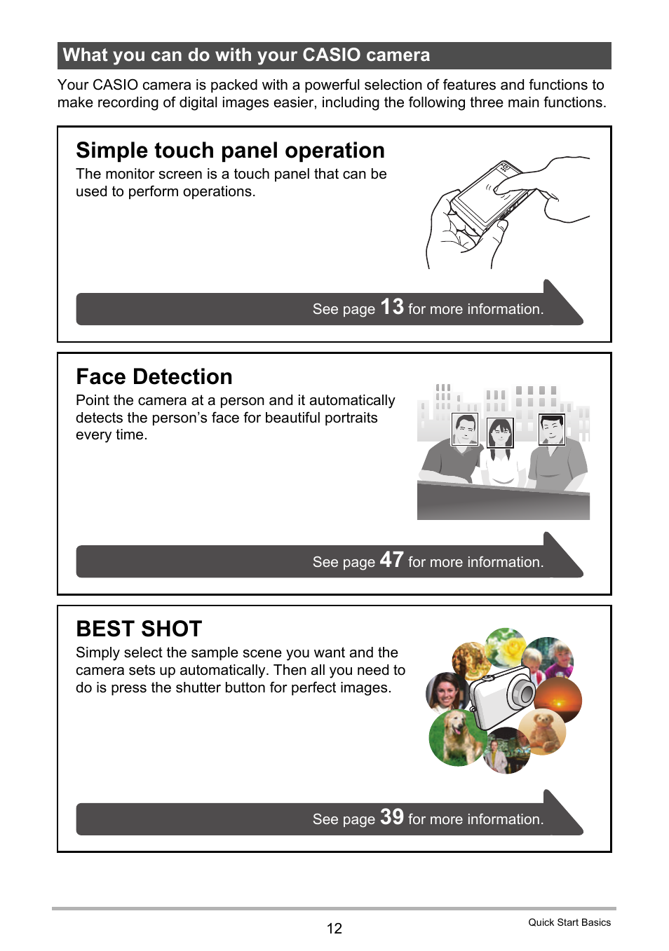 What you can do with your casio camera, Simple touch panel operation, Face detection | Best shot | Casio EX-ZS15 User Manual | Page 12 / 118