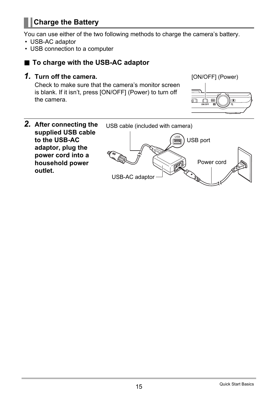 Charge the battery | Casio EX-ZS15 User Manual | Page 15 / 118