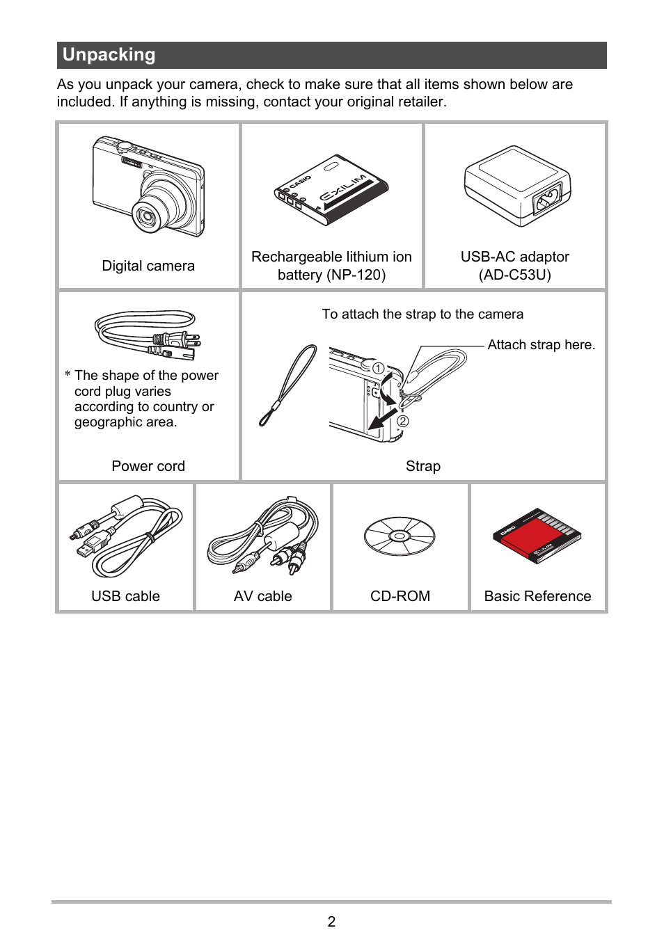 Unpacking | Casio EX-ZS15 User Manual | Page 2 / 118