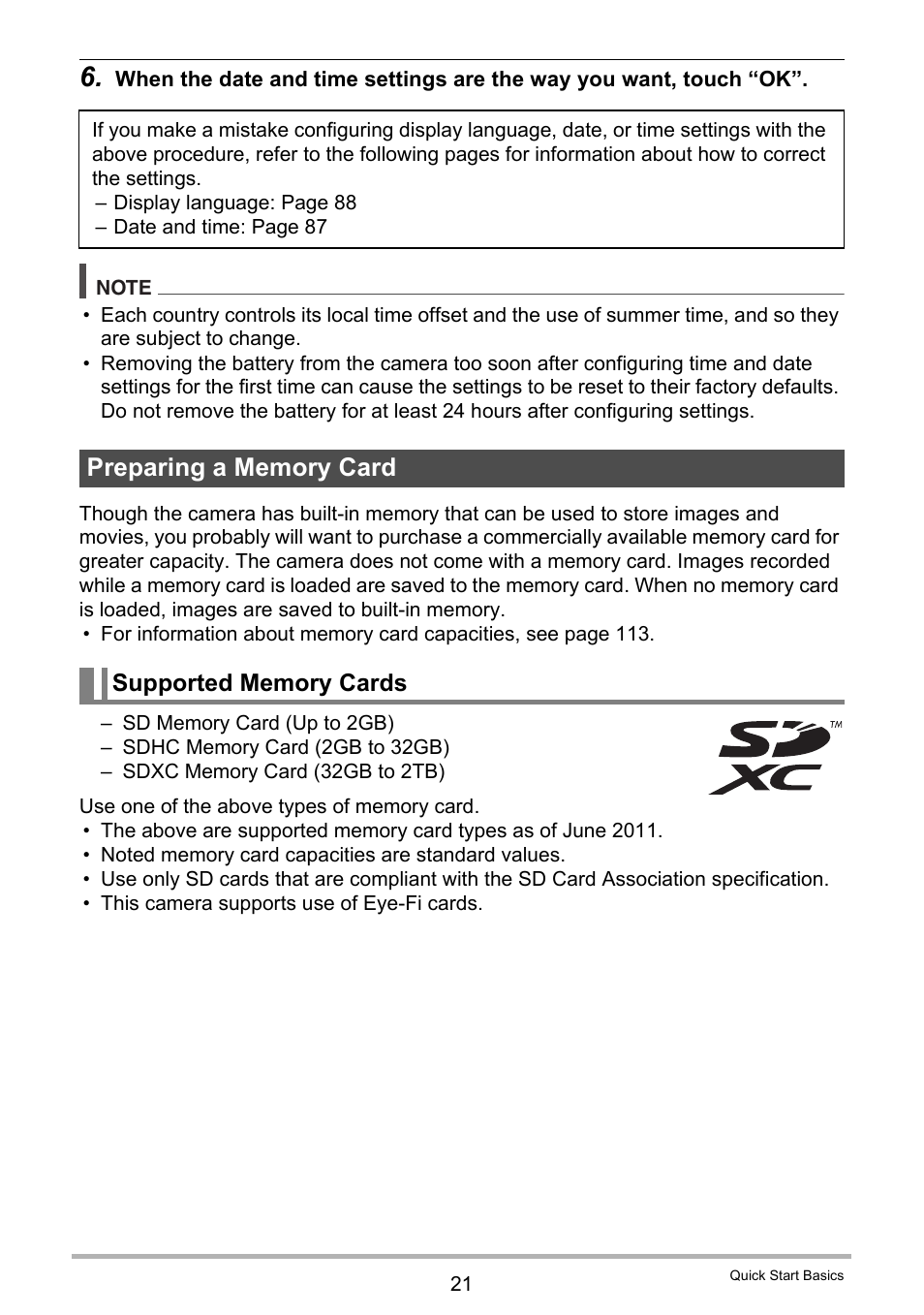 Preparing a memory card, Supported memory cards | Casio EX-ZS15 User Manual | Page 21 / 118