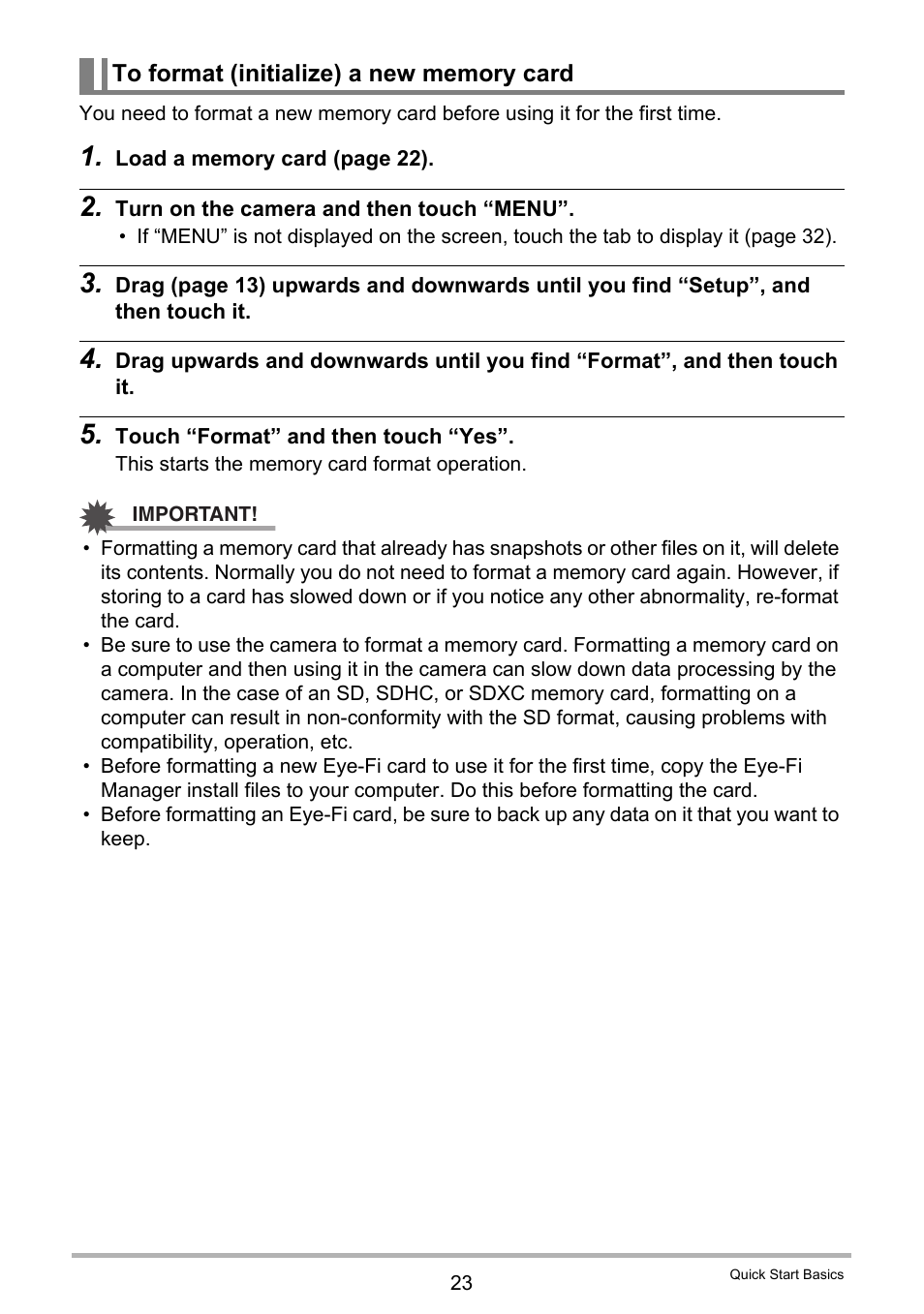 To format (initialize) a new memory card | Casio EX-ZS15 User Manual | Page 23 / 118