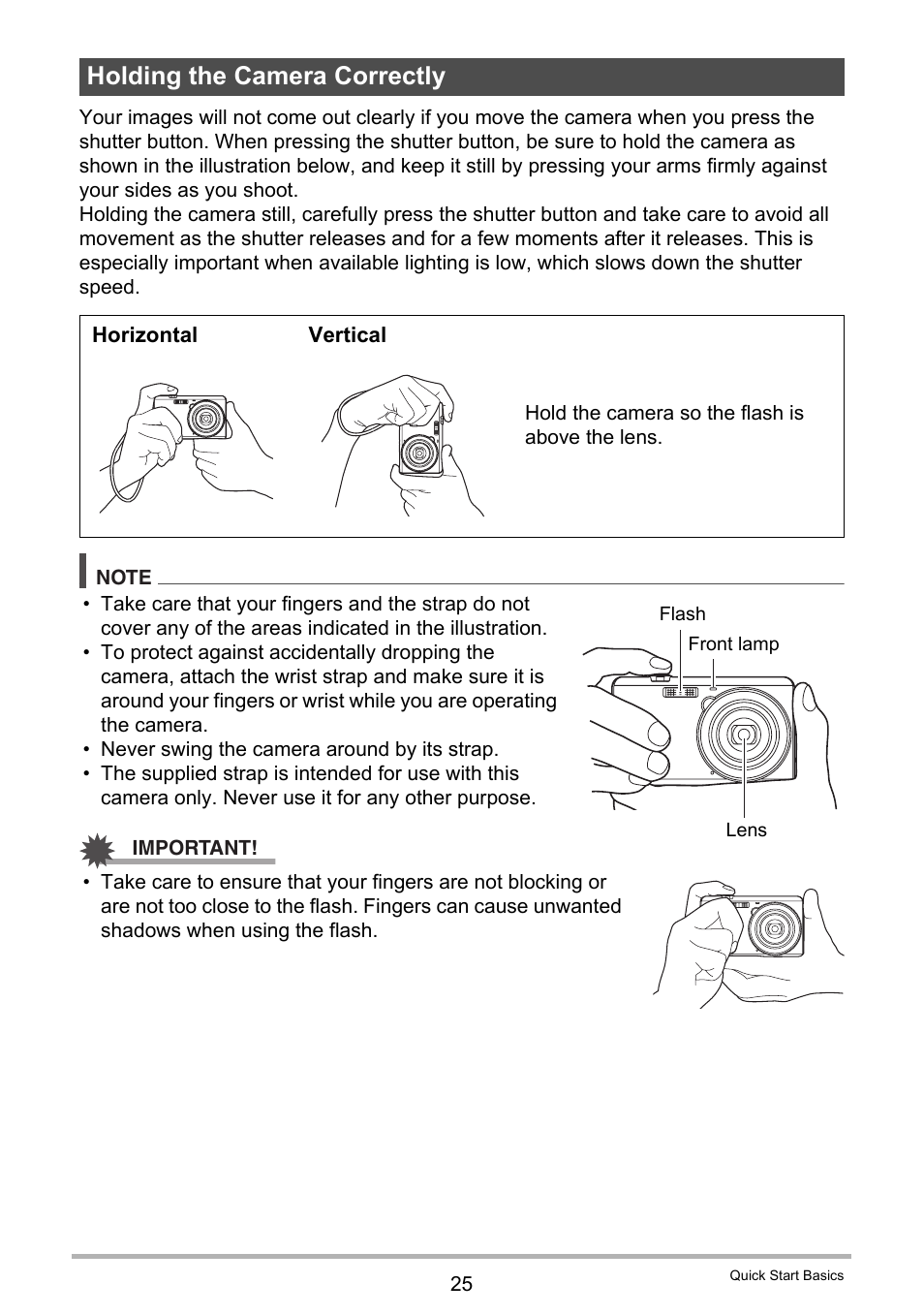 Holding the camera correctly | Casio EX-ZS15 User Manual | Page 25 / 118