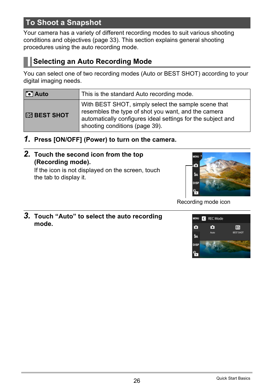 To shoot a snapshot, Selecting an auto recording mode | Casio EX-ZS15 User Manual | Page 26 / 118
