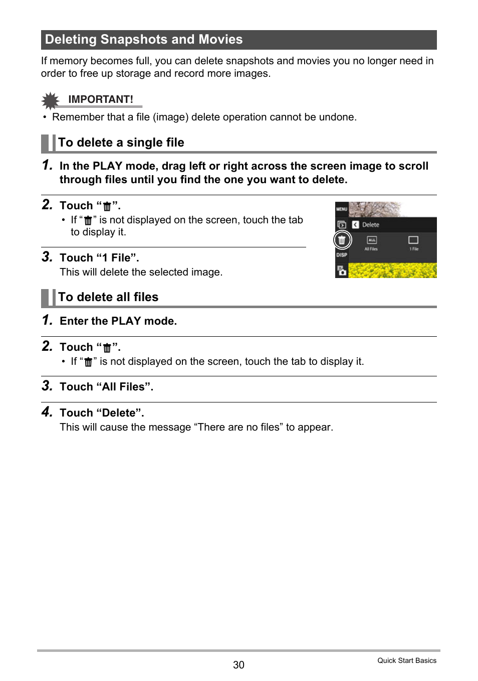 Deleting snapshots and movies, To delete a single file, To delete all files | Casio EX-ZS15 User Manual | Page 30 / 118