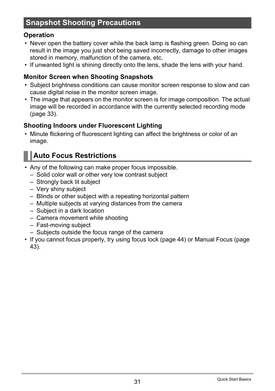 Snapshot shooting precautions, Auto focus restrictions | Casio EX-ZS15 User Manual | Page 31 / 118