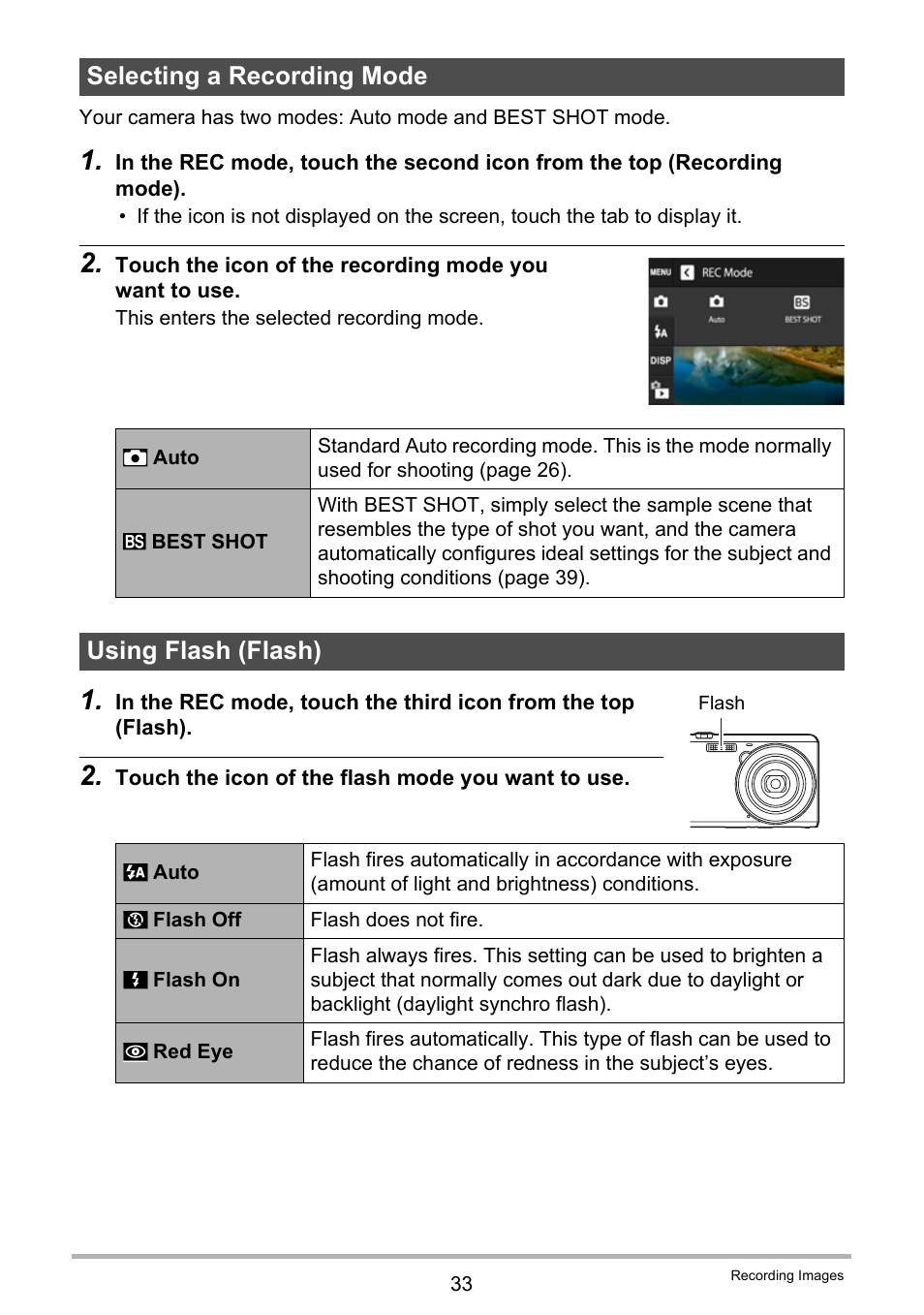 Selecting a recording mode, Using flash (flash) | Casio EX-ZS15 User Manual | Page 33 / 118