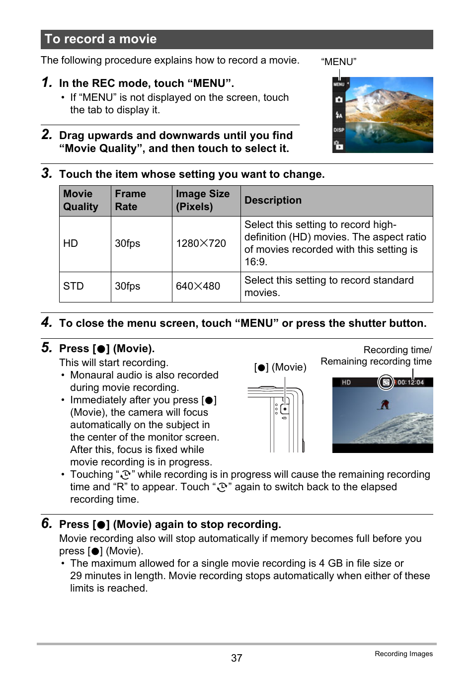 To record a movie, Ge 37 for | Casio EX-ZS15 User Manual | Page 37 / 118