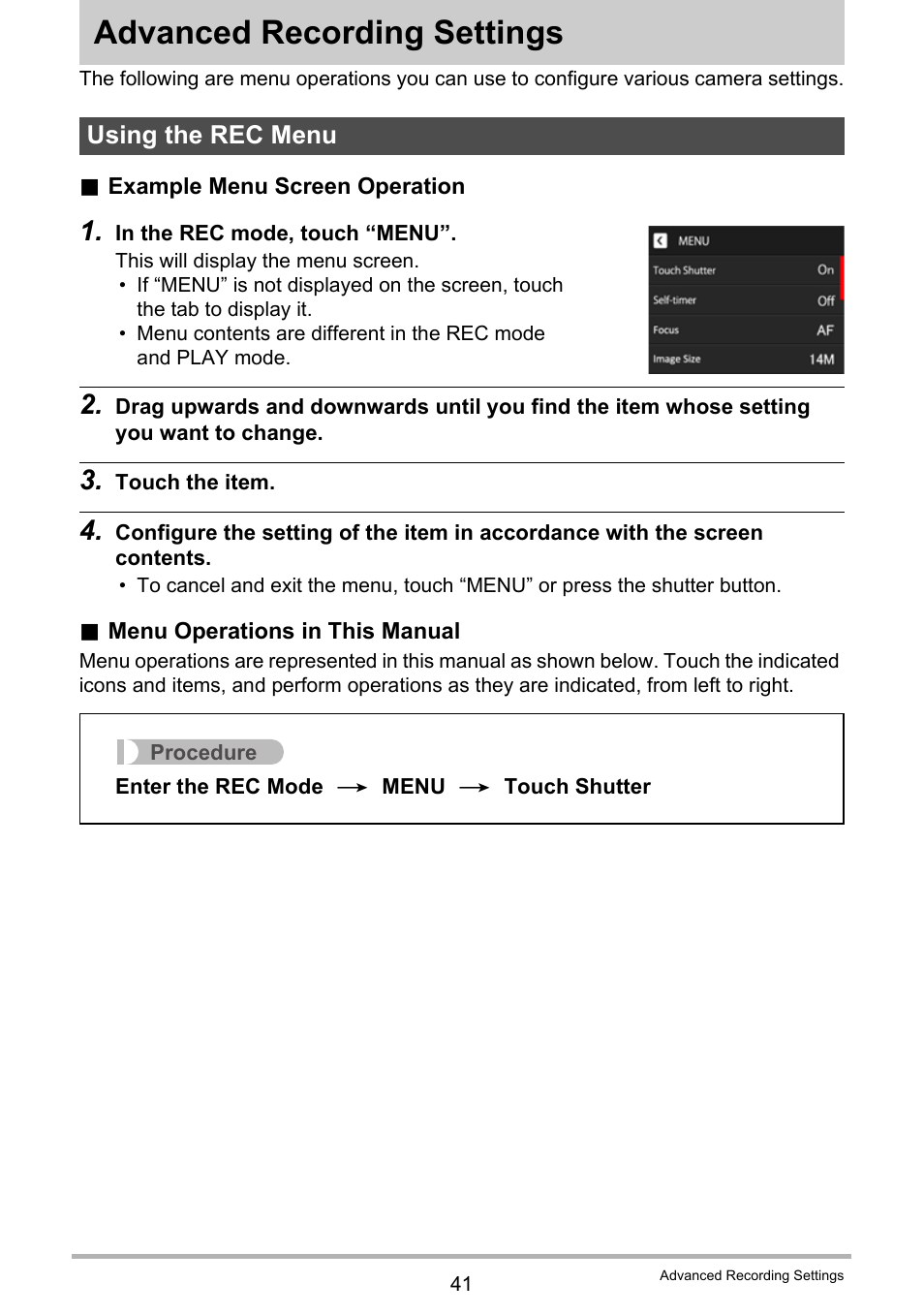 Advanced recording settings, Using the rec menu | Casio EX-ZS15 User Manual | Page 41 / 118