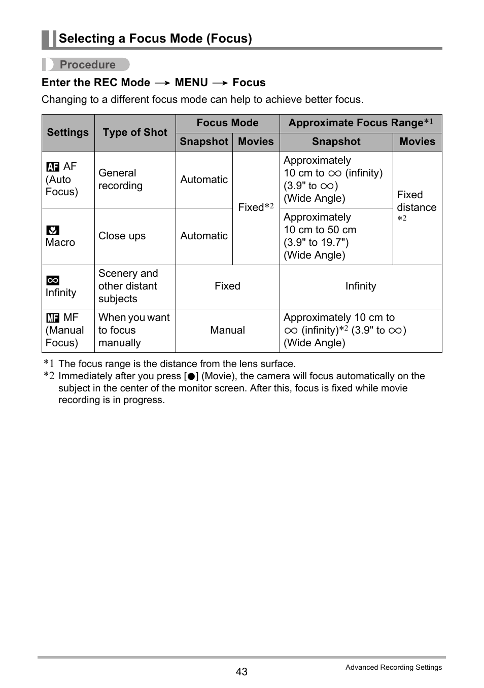 Selecting a focus mode (focus) | Casio EX-ZS15 User Manual | Page 43 / 118