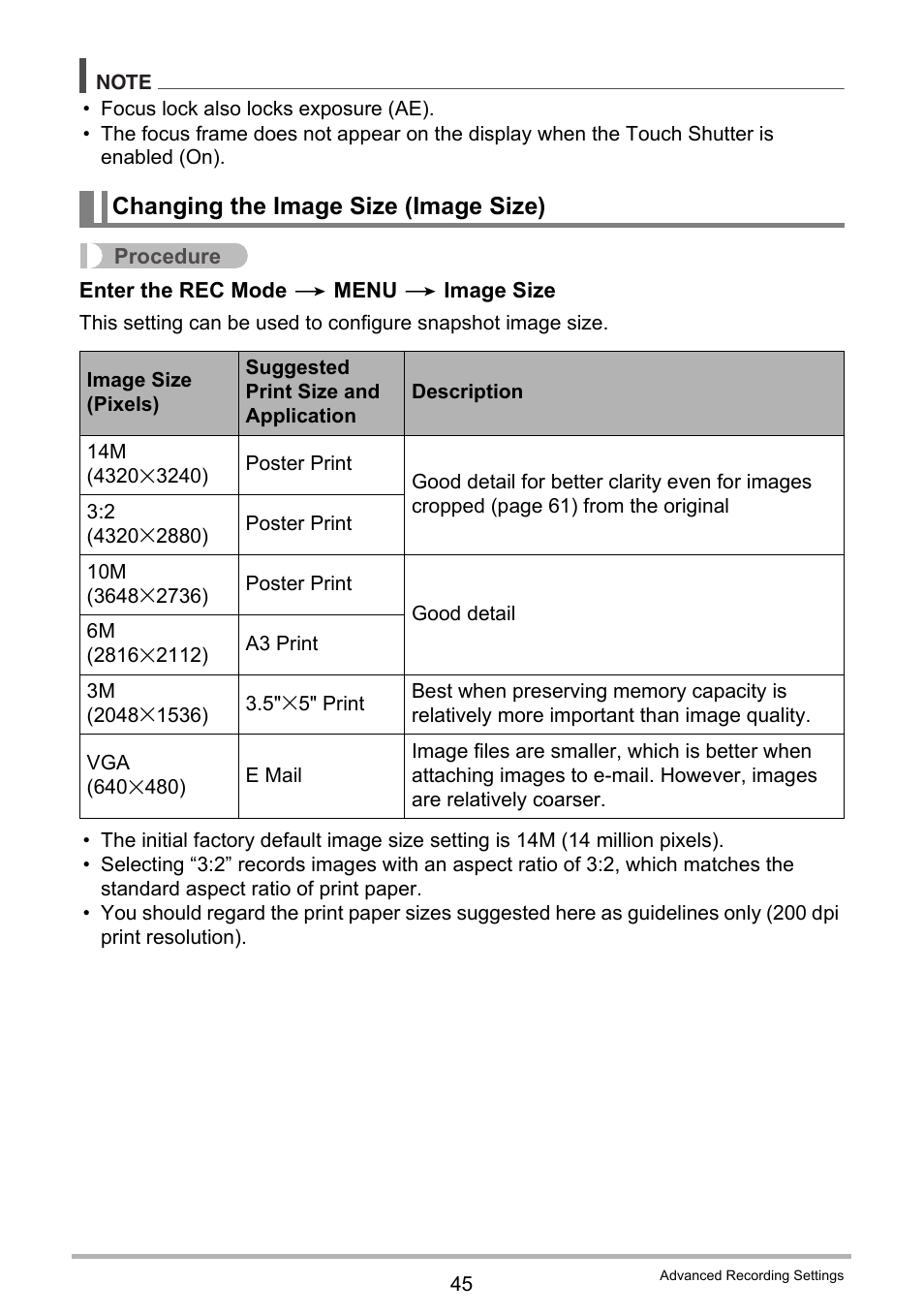 Changing the image size (image size), Ge 45 for | Casio EX-ZS15 User Manual | Page 45 / 118