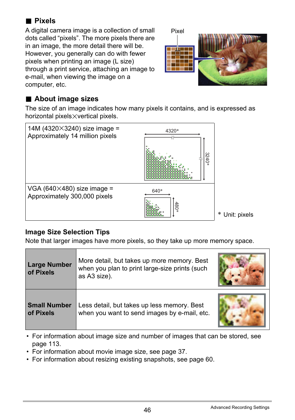 Pixels, About image sizes | Casio EX-ZS15 User Manual | Page 46 / 118