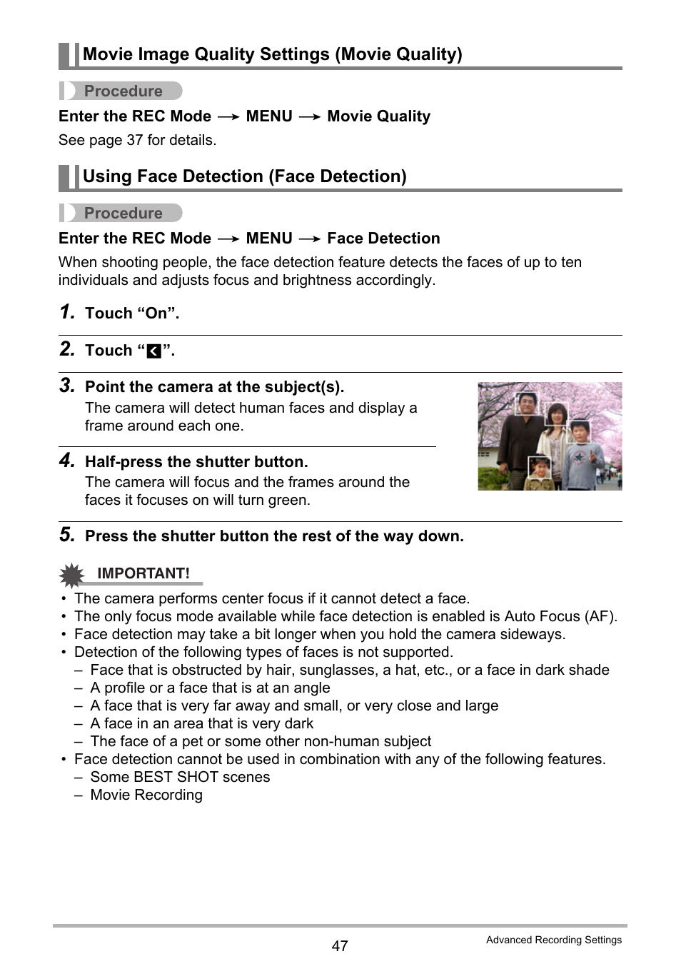 Movie image quality settings (movie quality), Using face detection (face detection), For more information | Casio EX-ZS15 User Manual | Page 47 / 118