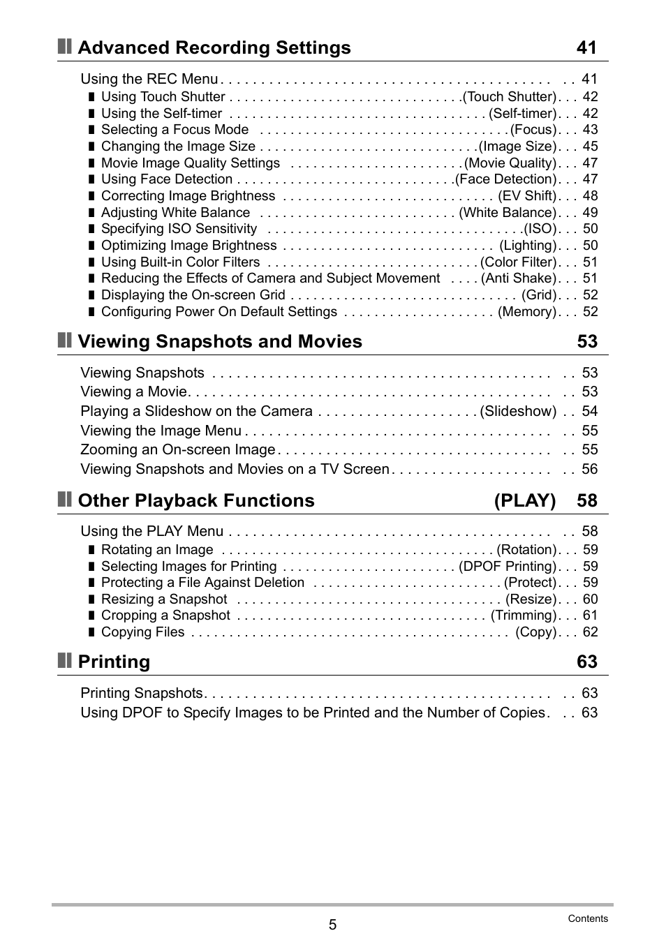 Advanced recording settings 41, Viewing snapshots and movies 53, Other playback functions (play) 58 | Printing 63 | Casio EX-ZS15 User Manual | Page 5 / 118