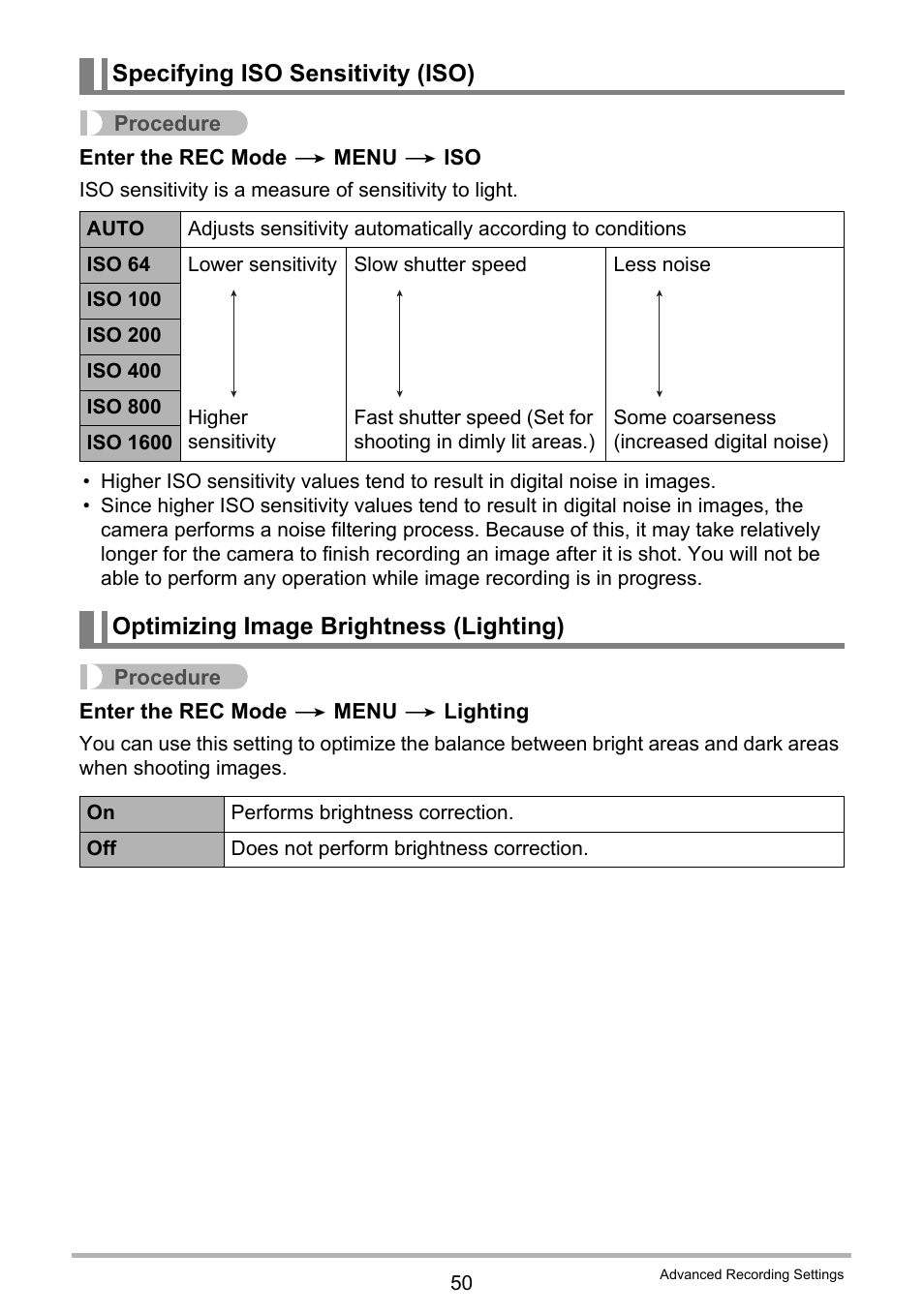 Specifying iso sensitivity (iso), Optimizing image brightness (lighting) | Casio EX-ZS15 User Manual | Page 50 / 118
