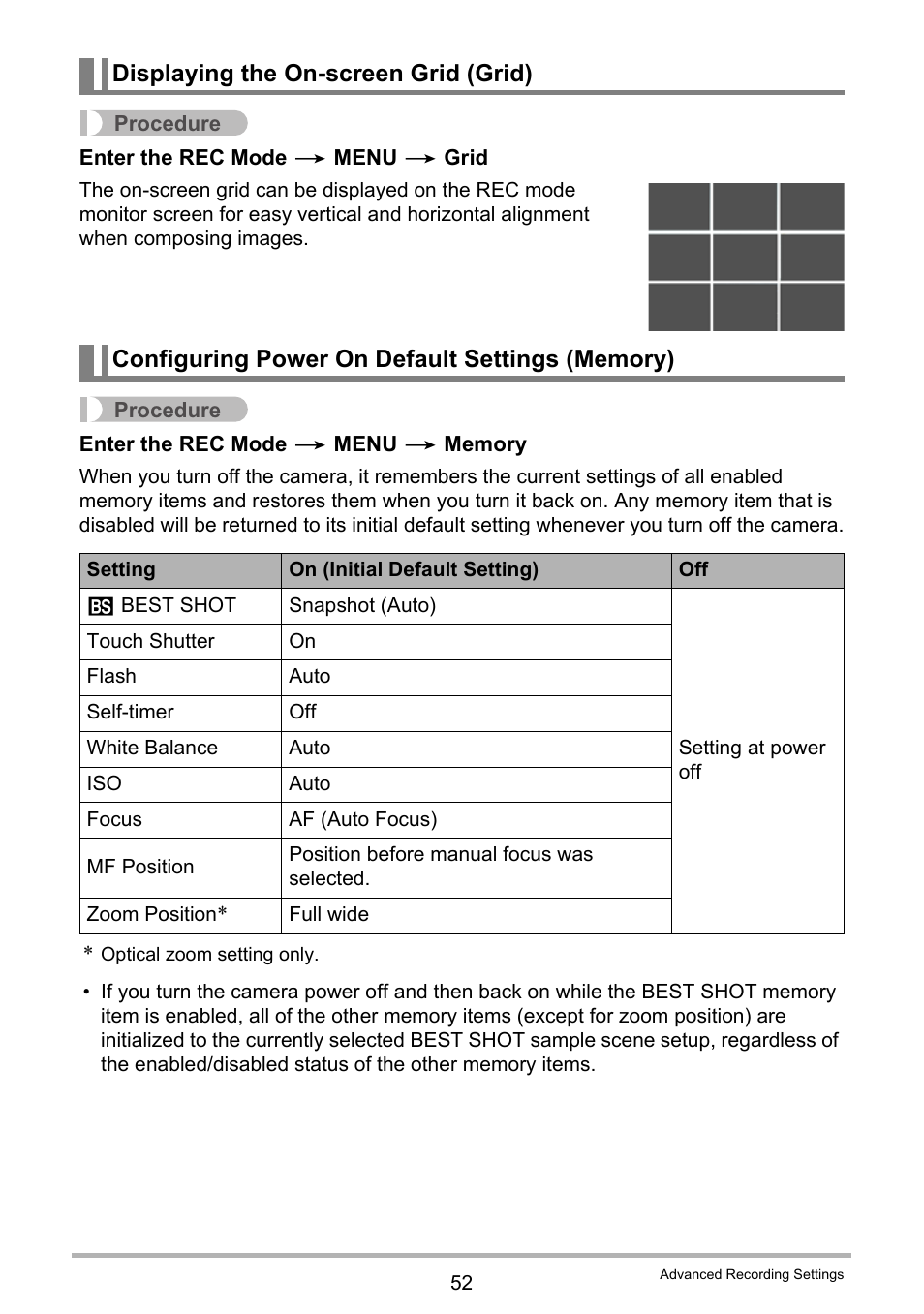 Displaying the on-screen grid (grid), Configuring power on default settings (memory) | Casio EX-ZS15 User Manual | Page 52 / 118