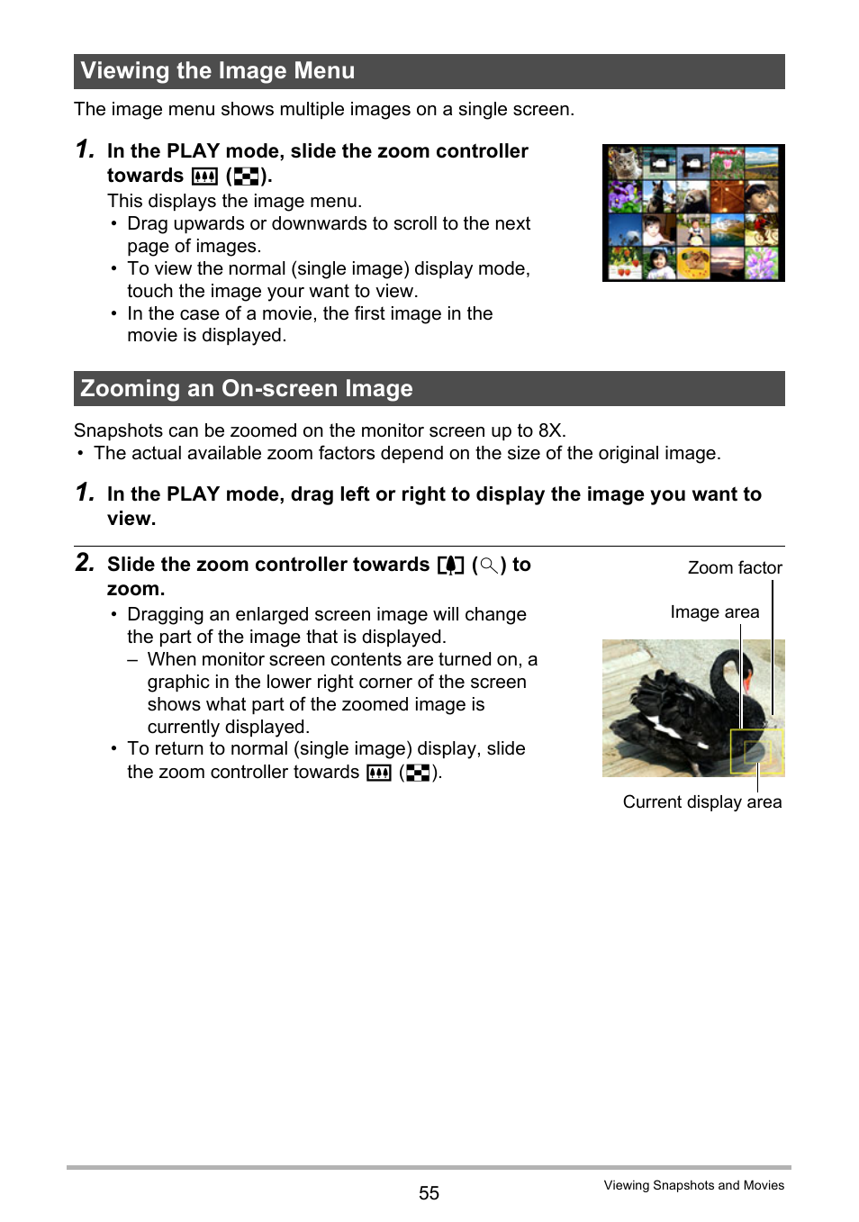 Viewing the image menu, Zooming an on-screen image, Viewing the image menu zooming an on-screen image | Casio EX-ZS15 User Manual | Page 55 / 118