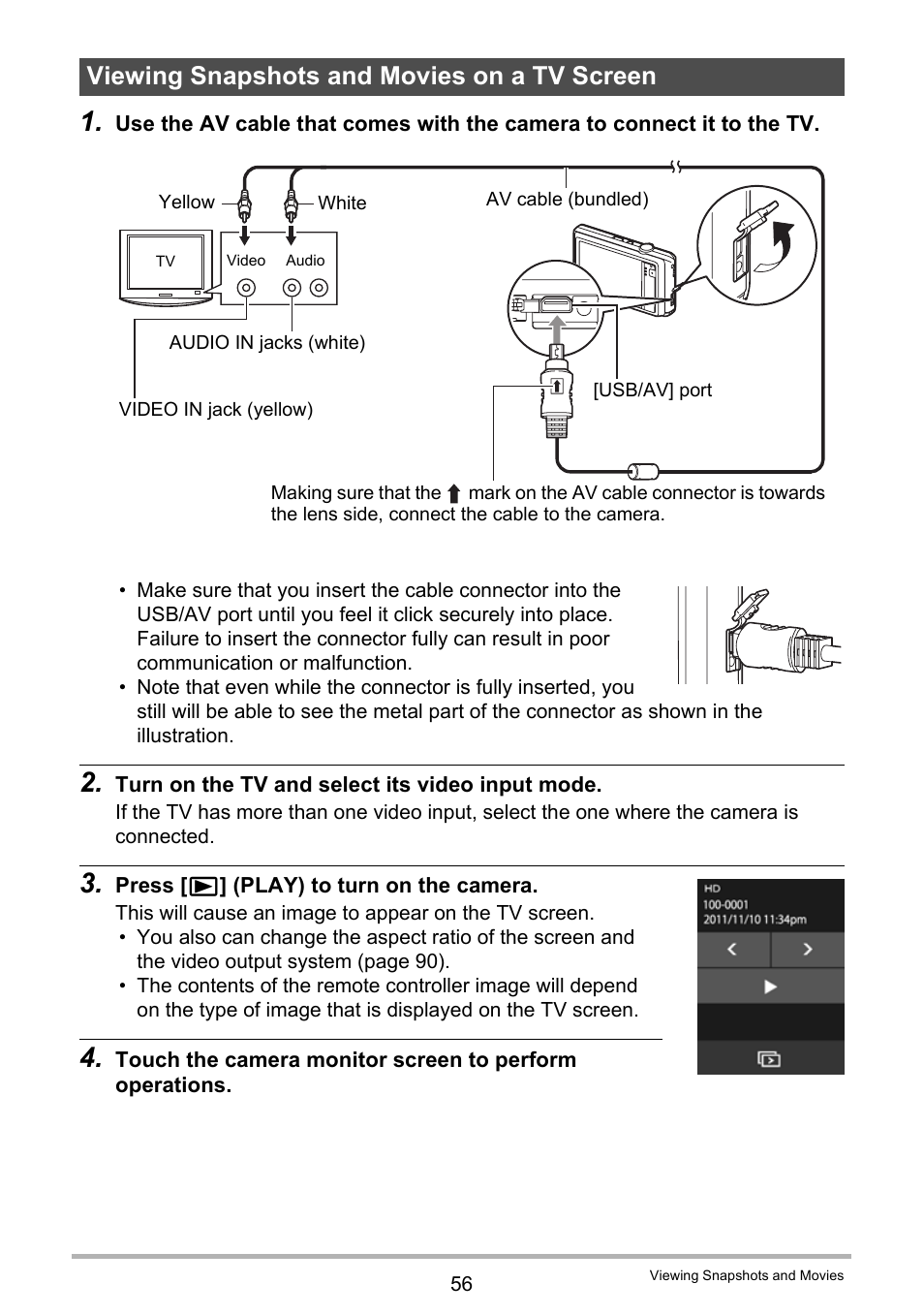 Viewing snapshots and movies on a tv screen | Casio EX-ZS15 User Manual | Page 56 / 118
