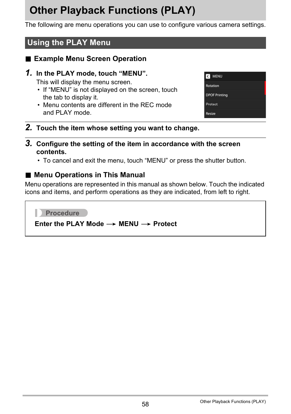 Other playback functions (play), Using the play menu, Other playback functions | Play) 58 | Casio EX-ZS15 User Manual | Page 58 / 118