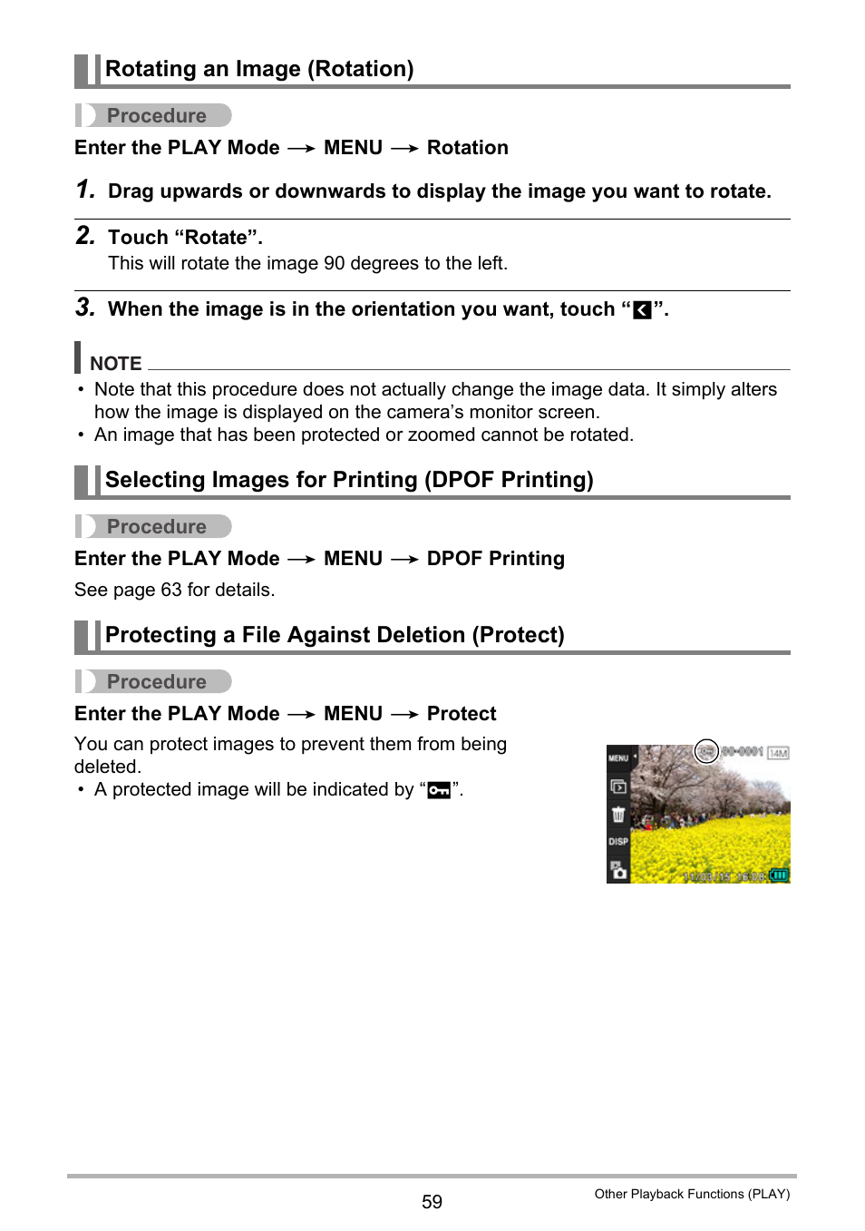 Rotating an image (rotation), Selecting images for printing (dpof printing), Protecting a file against deletion (protect) | Casio EX-ZS15 User Manual | Page 59 / 118