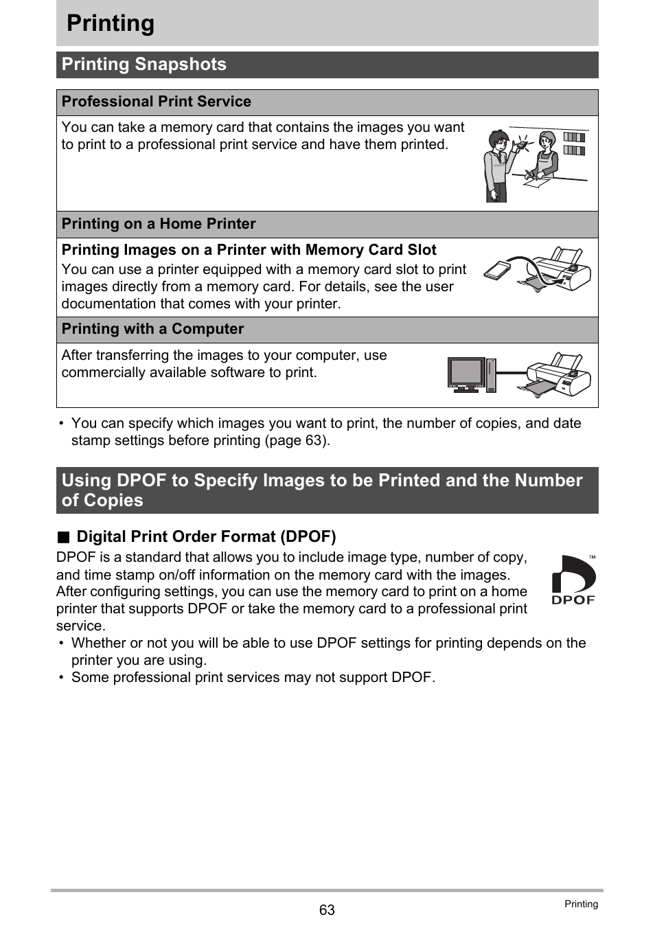 Printing, Printing snapshots | Casio EX-ZS15 User Manual | Page 63 / 118