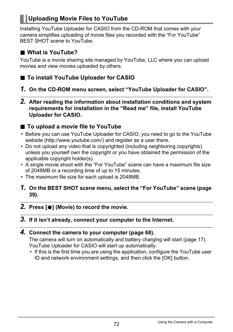 Uploading movie files to youtube | Casio EX-ZS15 User Manual | Page 72 / 118