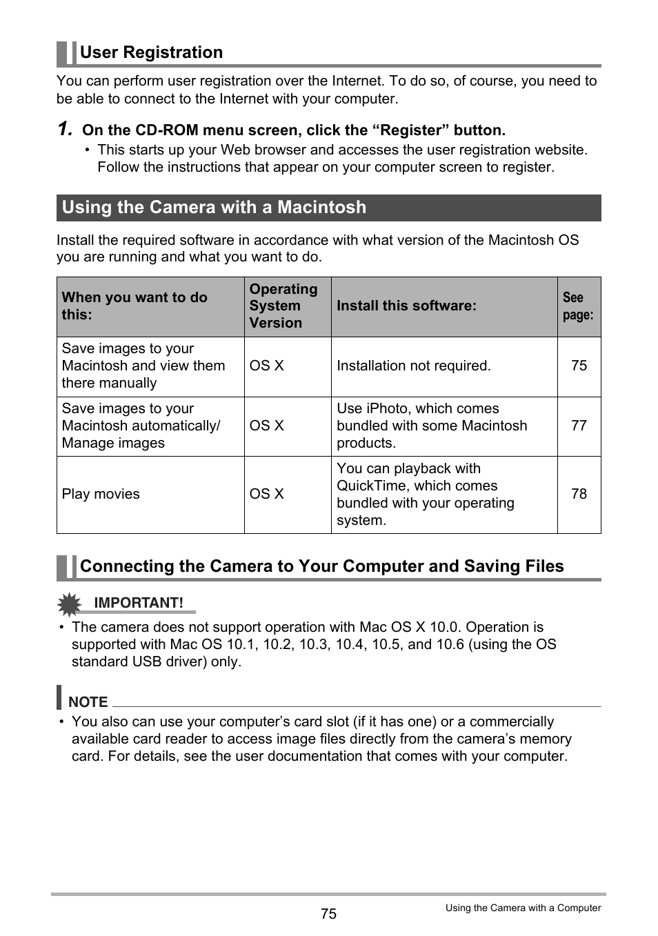 User registration, Using the camera with a macintosh | Casio EX-ZS15 User Manual | Page 75 / 118