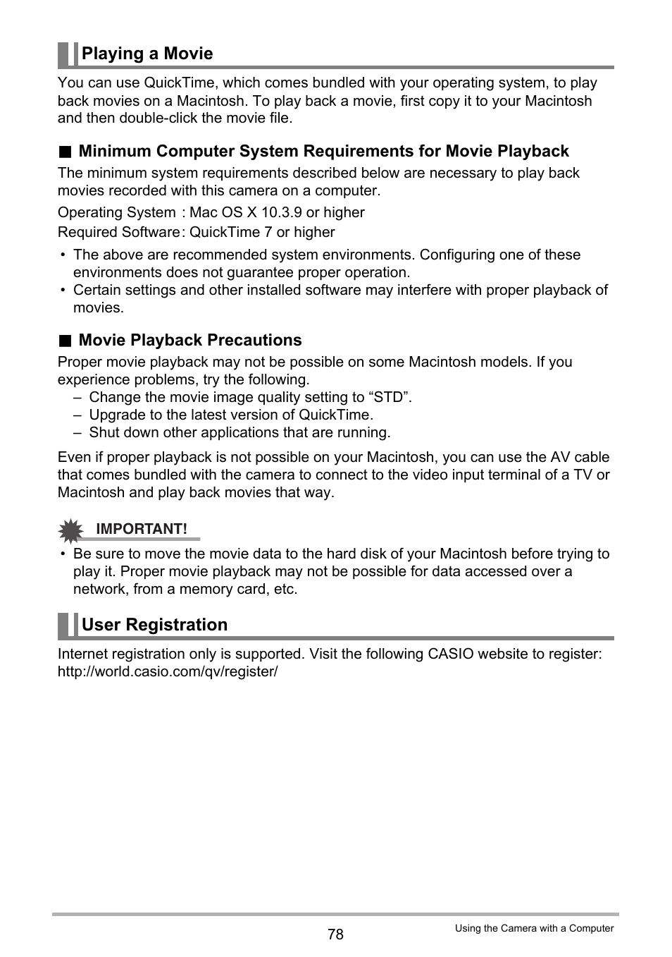 Playing a movie, User registration | Casio EX-ZS15 User Manual | Page 78 / 118