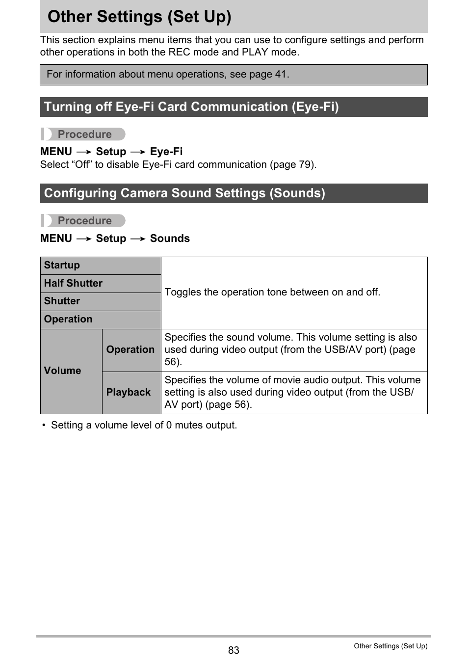 Other settings (set up), Turning off eye-fi card communication (eye-fi), Configuring camera sound settings (sounds) | Other settings, Set up) 83 | Casio EX-ZS15 User Manual | Page 83 / 118