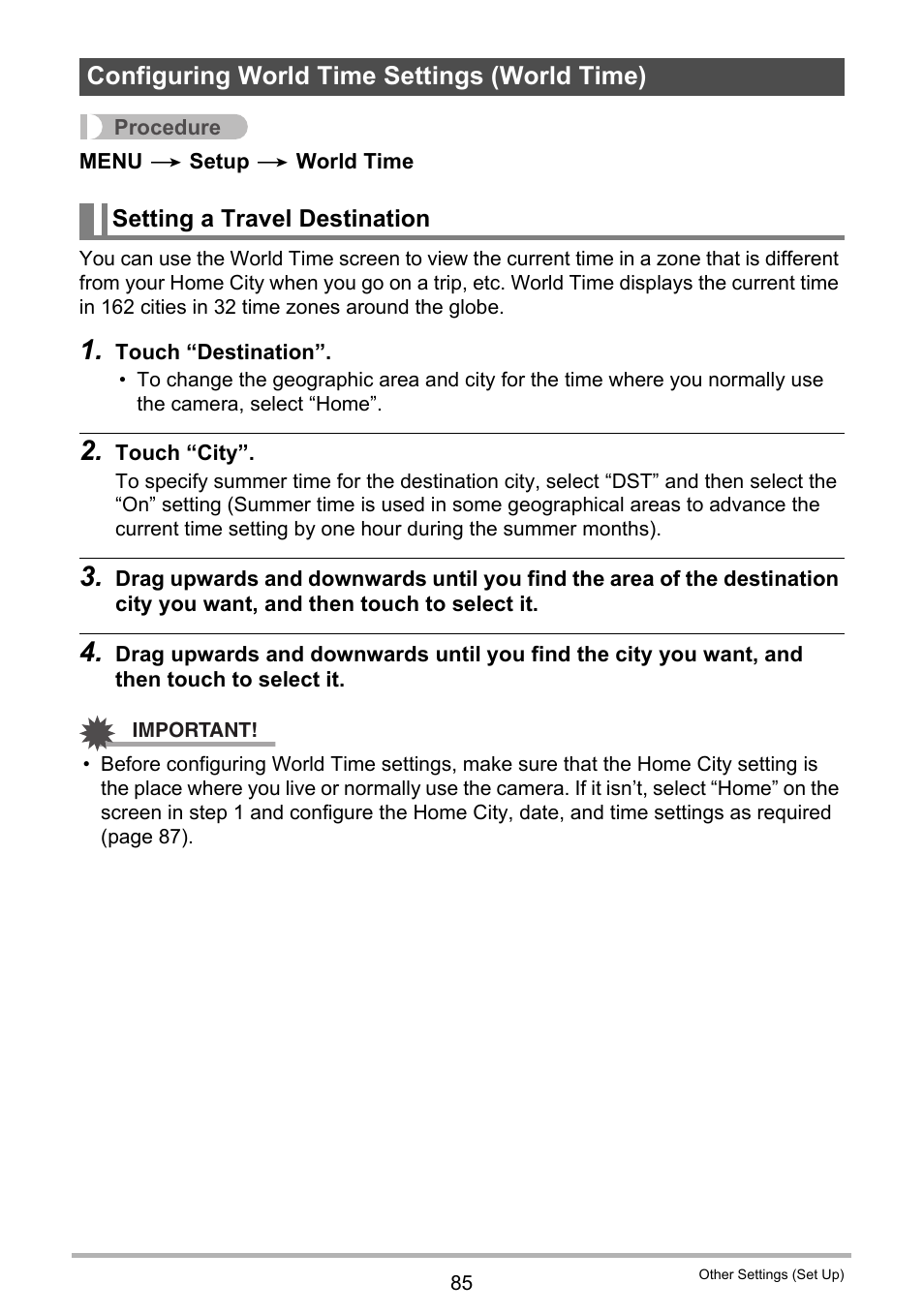 Configuring world time settings (world time), Setting a travel destination | Casio EX-ZS15 User Manual | Page 85 / 118