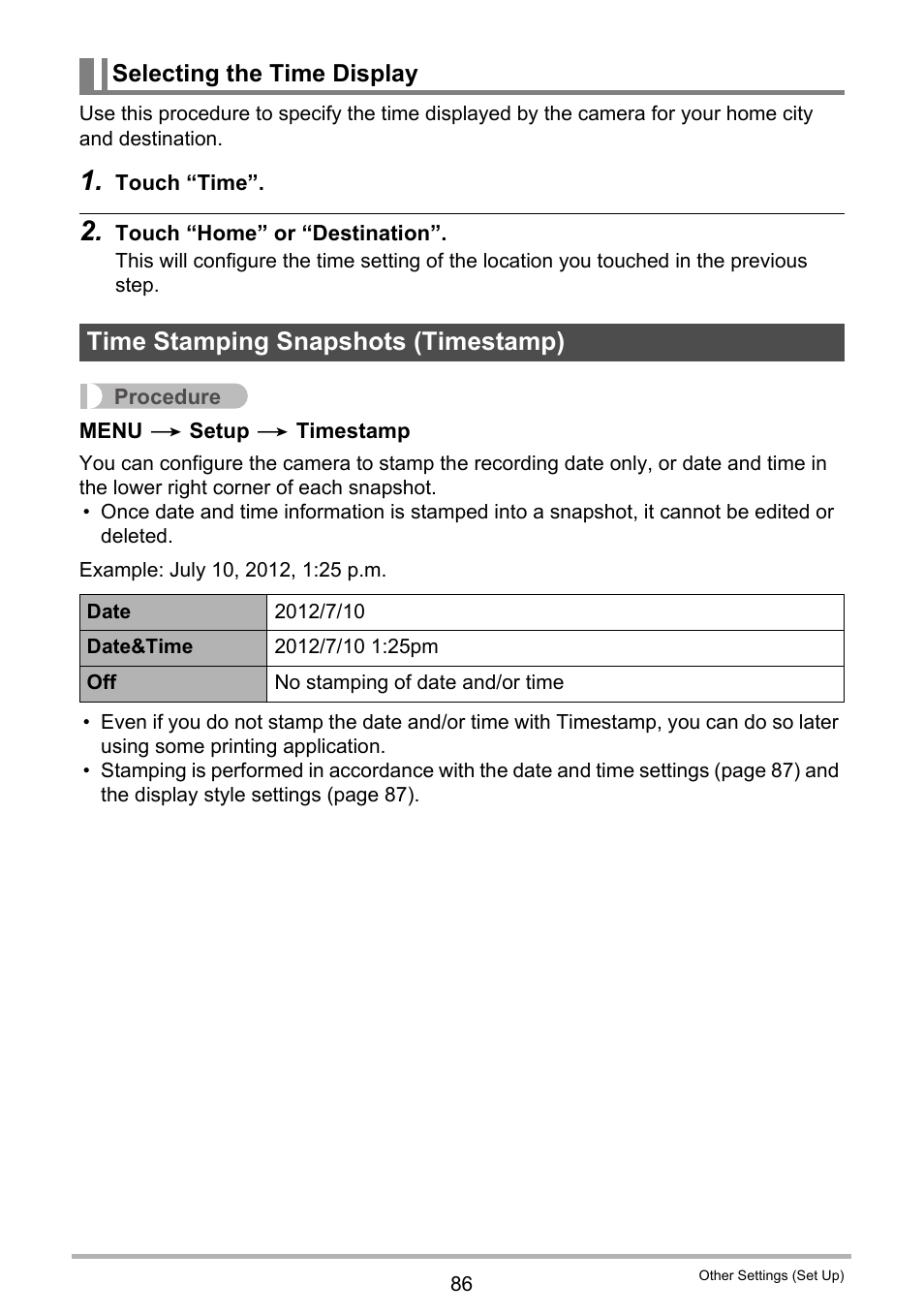 Selecting the time display, Time stamping snapshots (timestamp) | Casio EX-ZS15 User Manual | Page 86 / 118