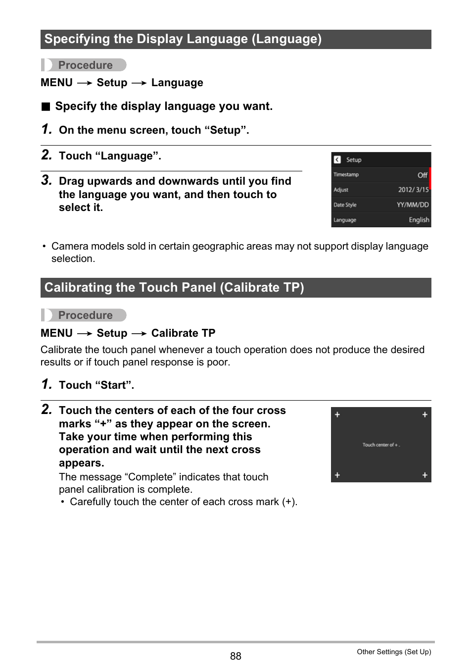Specifying the display language (language), Calibrating the touch panel (calibrate tp) | Casio EX-ZS15 User Manual | Page 88 / 118