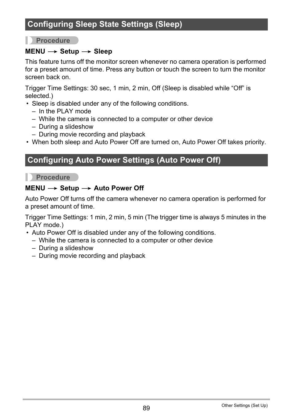 Configuring sleep state settings (sleep), Configuring auto power settings (auto power off) | Casio EX-ZS15 User Manual | Page 89 / 118