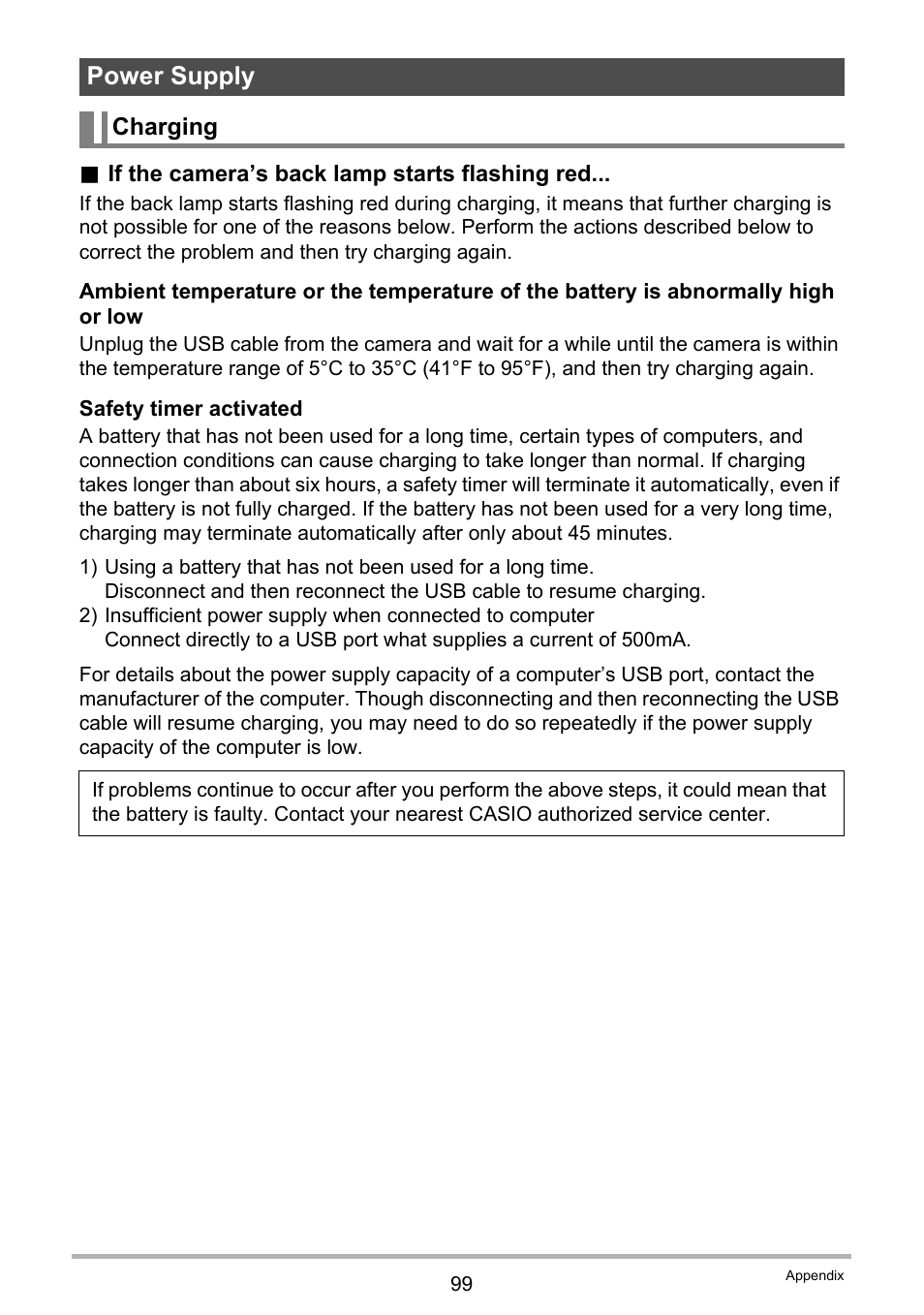 Power supply, Charging | Casio EX-ZS15 User Manual | Page 99 / 118