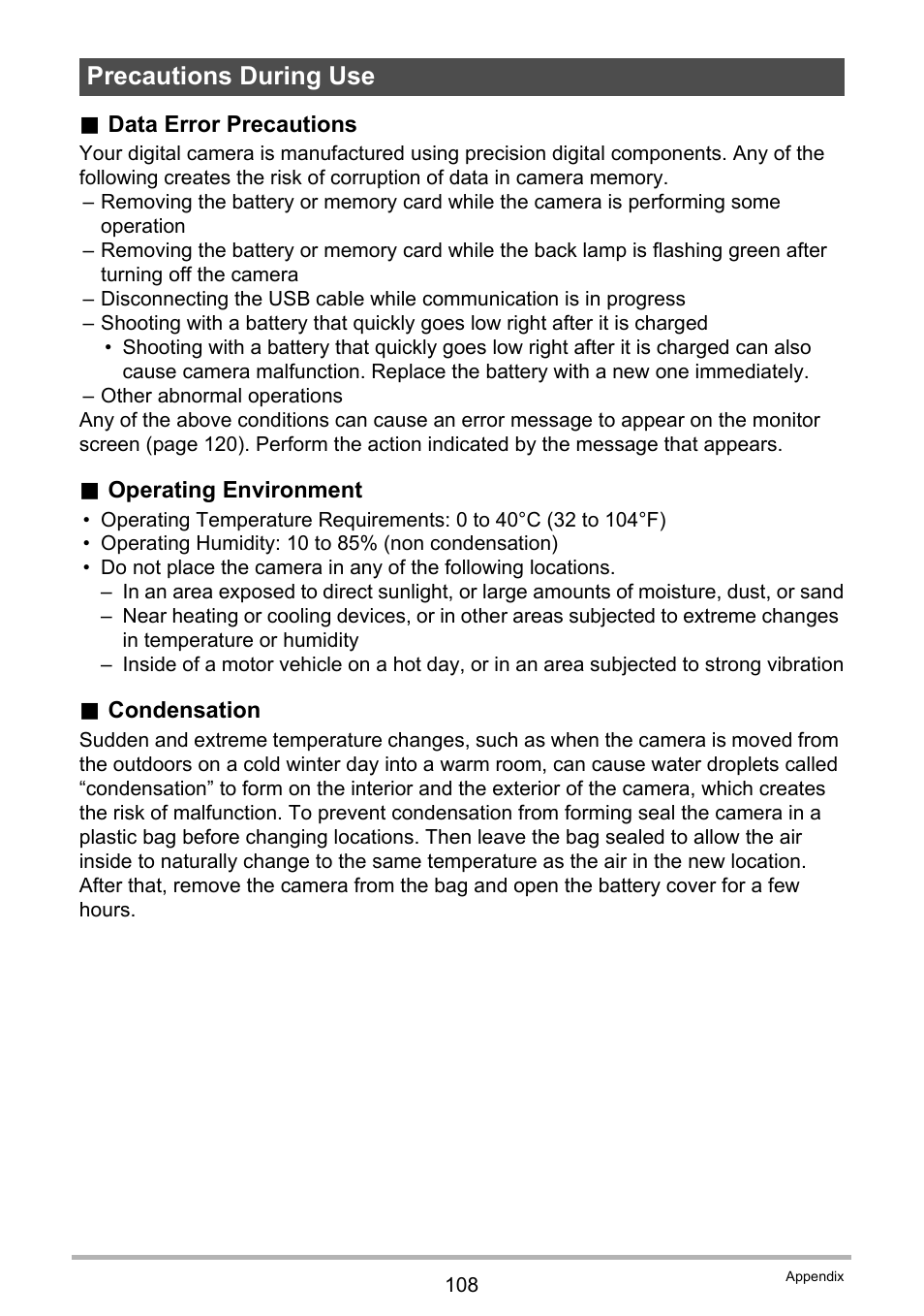 Precautions during use | Casio EXILIM EX-N1 User Manual | Page 108 / 128