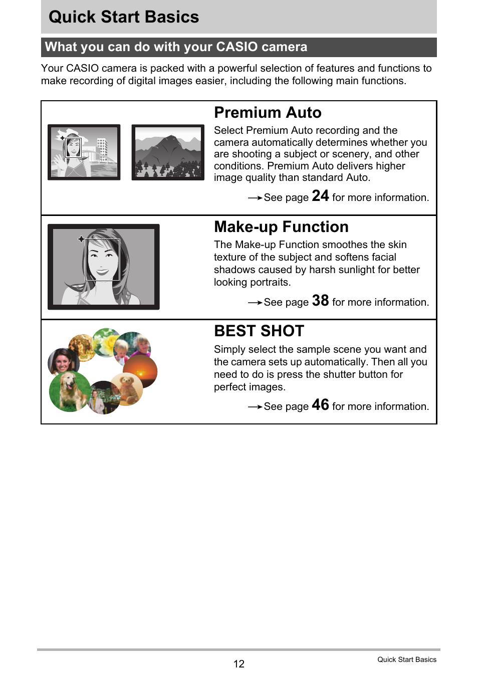 Quick start basics, What you can do with your casio camera, Premium auto | Make-up function, Best shot | Casio EXILIM EX-N1 User Manual | Page 12 / 128