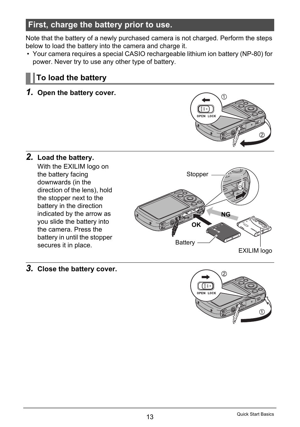 First, charge the battery prior to use, To load the battery | Casio EXILIM EX-N1 User Manual | Page 13 / 128