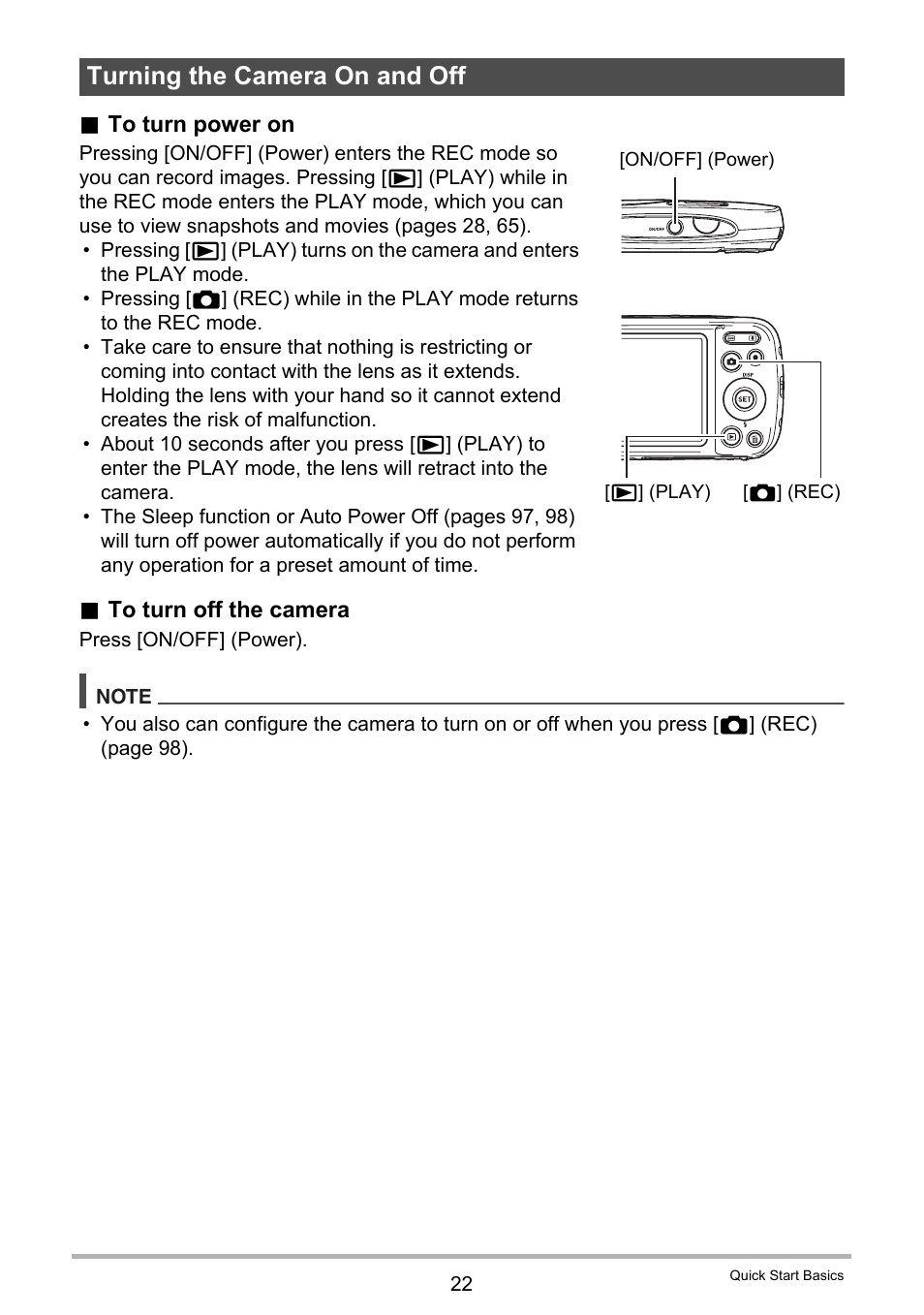 Turning the camera on and off | Casio EXILIM EX-N1 User Manual | Page 22 / 128