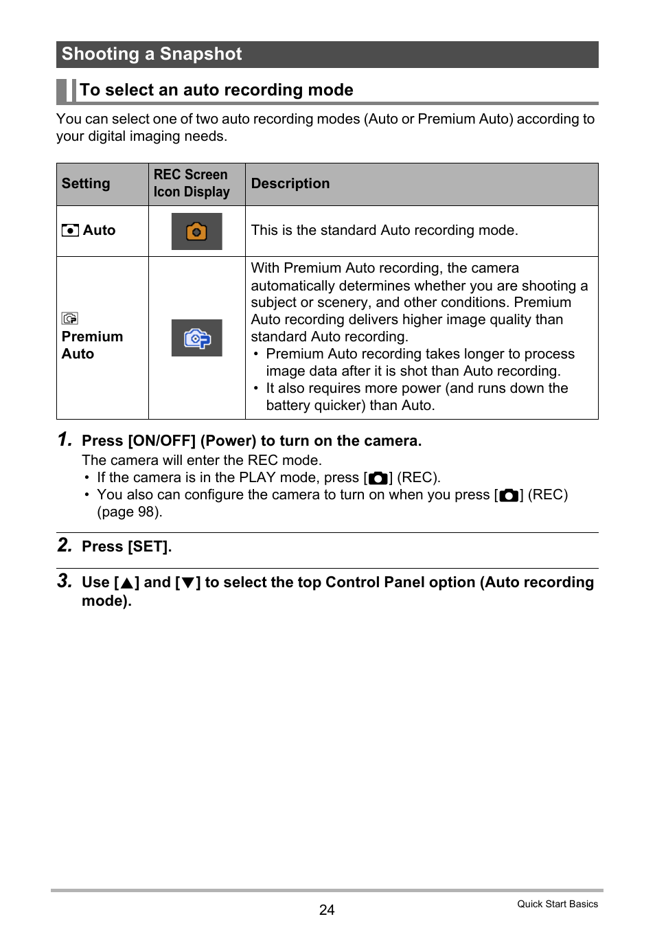 Shooting a snapshot, To select an auto recording mode | Casio EXILIM EX-N1 User Manual | Page 24 / 128